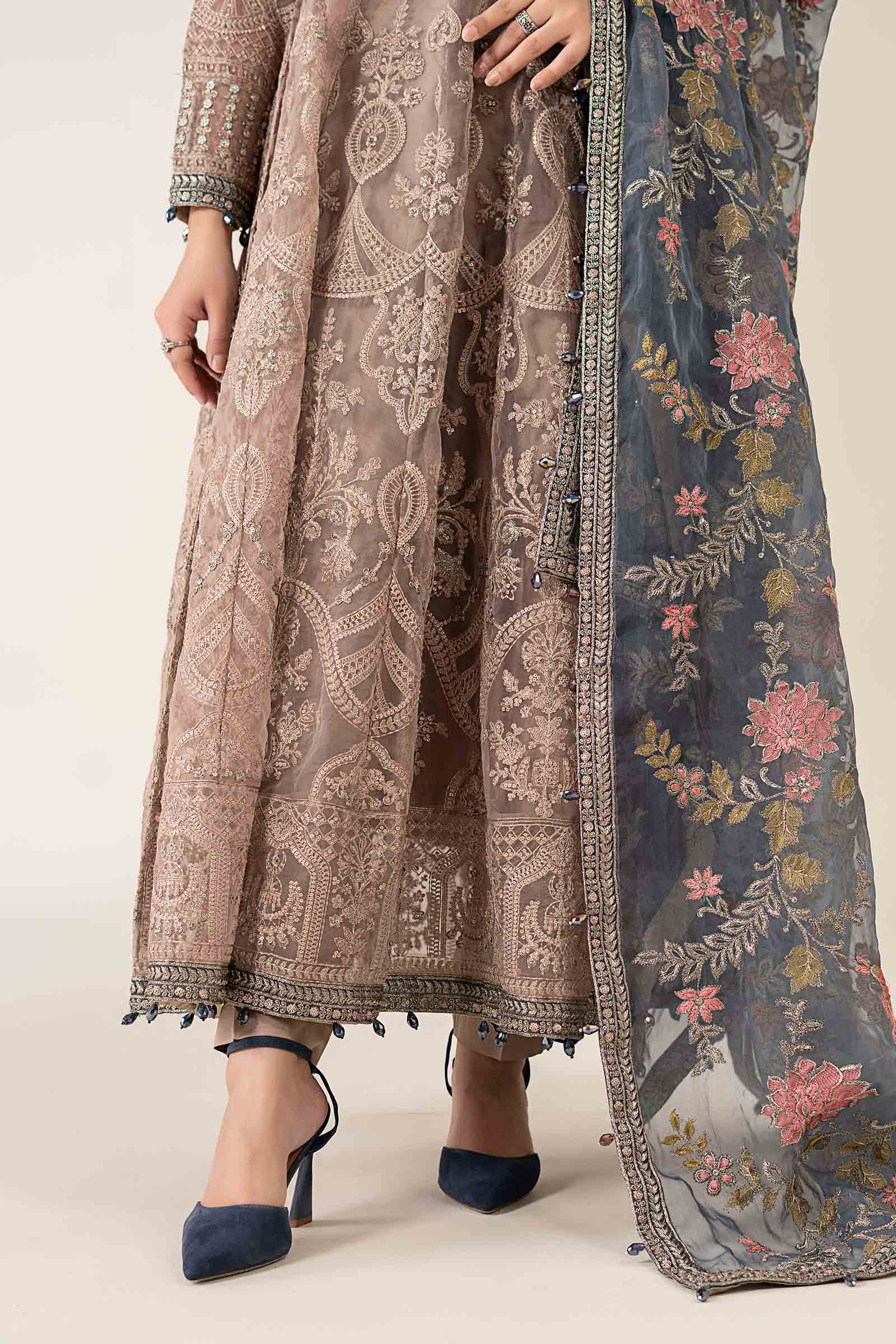 Pakistani Grey Embroidered Organza Anarkali Dress (3-Piece) - Image 5