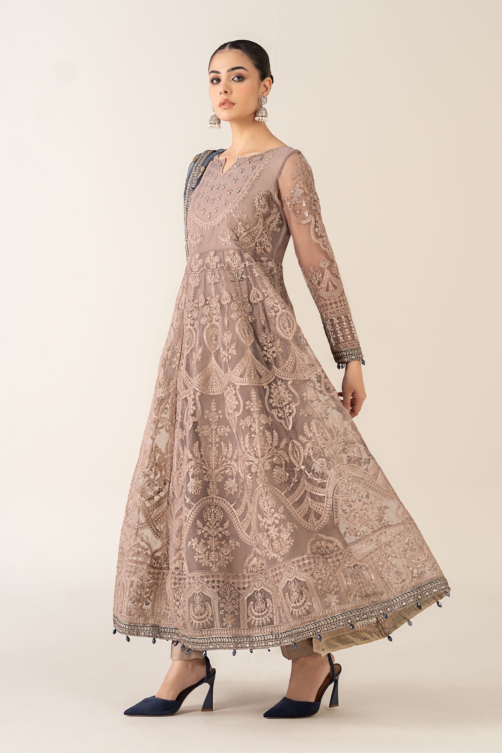 Pakistani Grey Embroidered Organza Anarkali Dress (3-Piece) - Image 8
