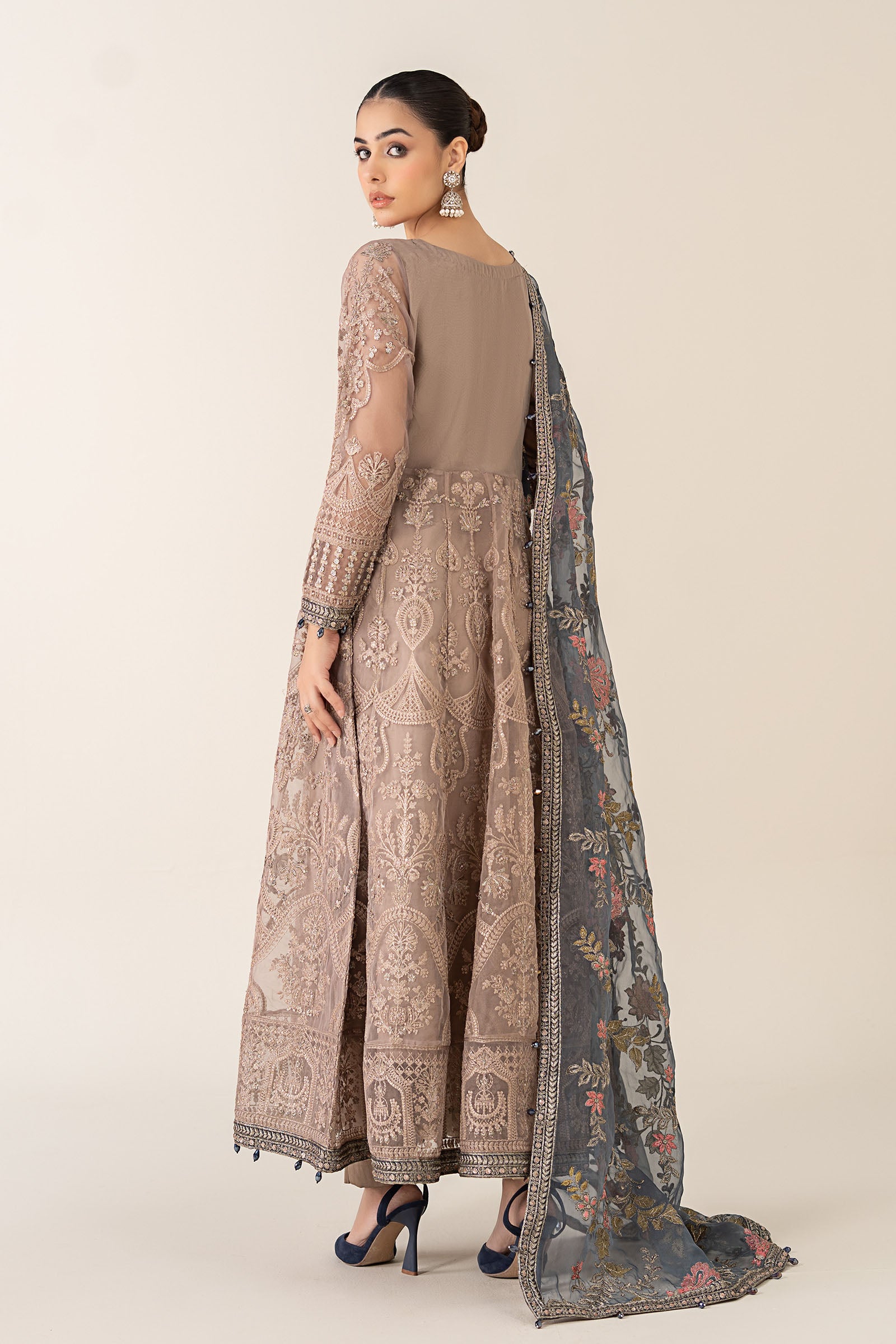 Pakistani Grey Embroidered Organza Anarkali Dress (3-Piece) - Image 9
