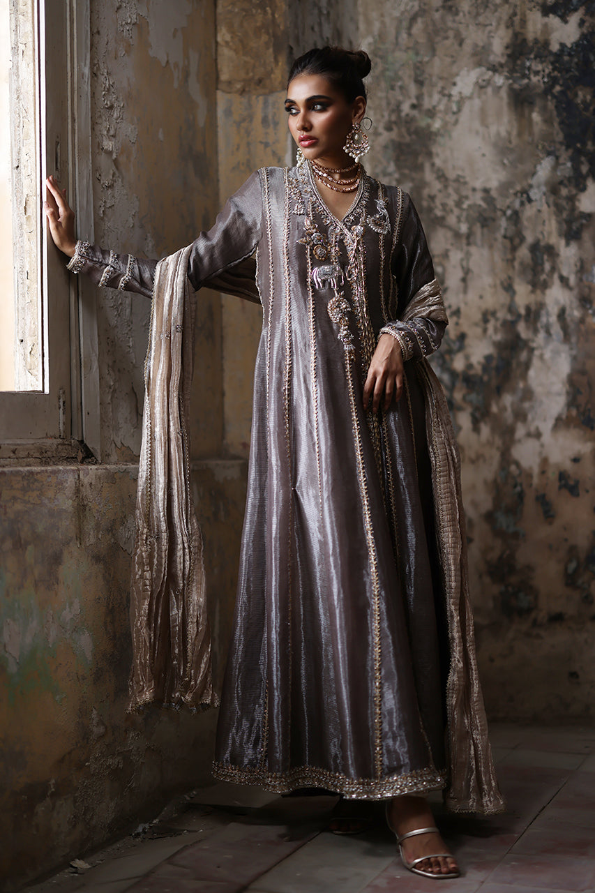 Pakistani Grey Zardozi Masoori Silk Angharkha (3-Piece) - Image 1