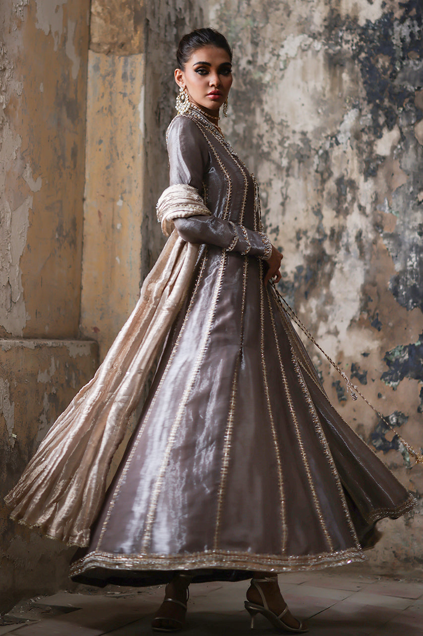 Pakistani Grey Zardozi Masoori Silk Angharkha (3-Piece) - Image 4