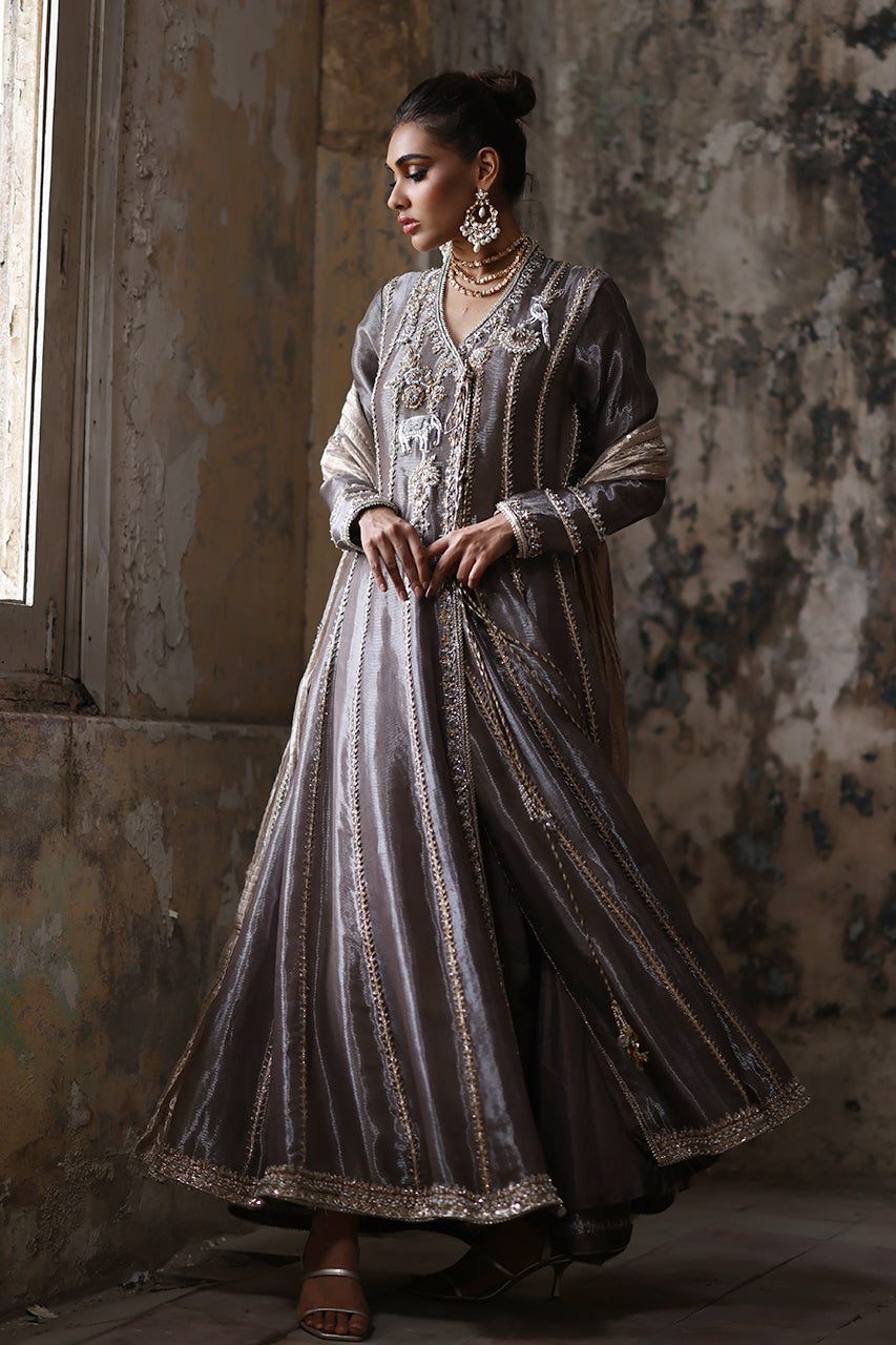 Pakistani Grey Zardozi Masoori Silk Angharkha (3-Piece) - Image 6