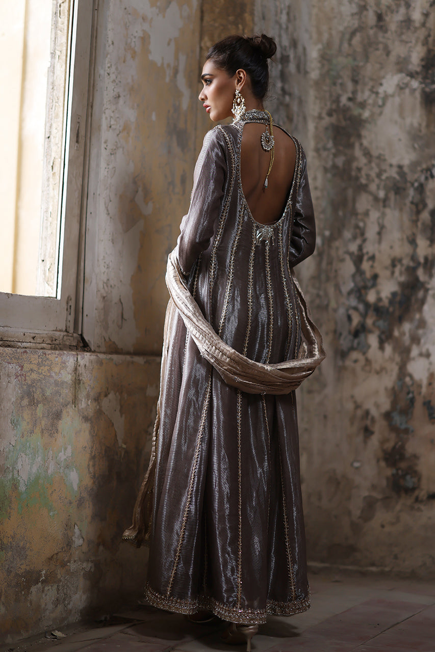 Pakistani Grey Zardozi Masoori Silk Angharkha (3-Piece) - Image 7