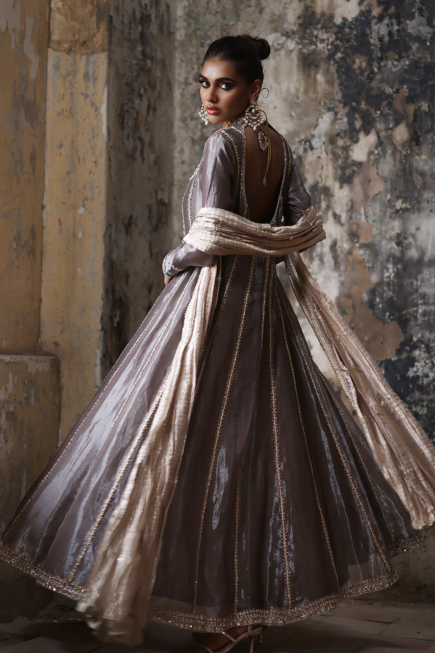 Pakistani Grey Zardozi Masoori Silk Angharkha (3-Piece) - Image 2