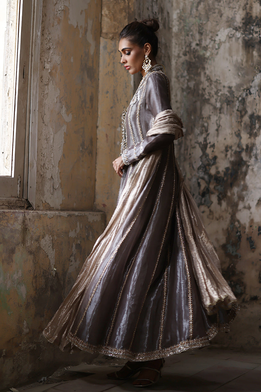 Pakistani Grey Zardozi Masoori Silk Angharkha (3-Piece) - Image 3