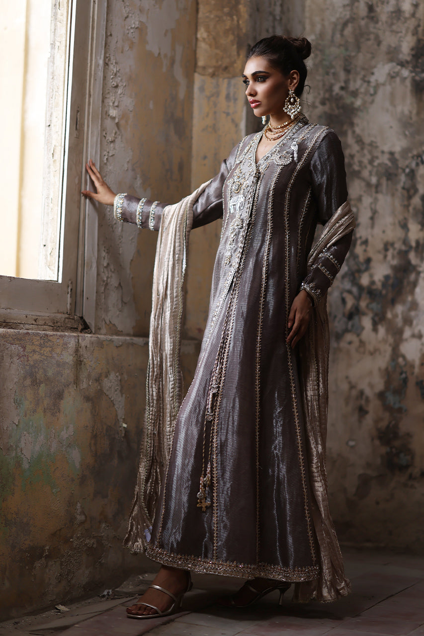 Pakistani Grey Zardozi Masoori Silk Angharkha (3-Piece) - Image 5