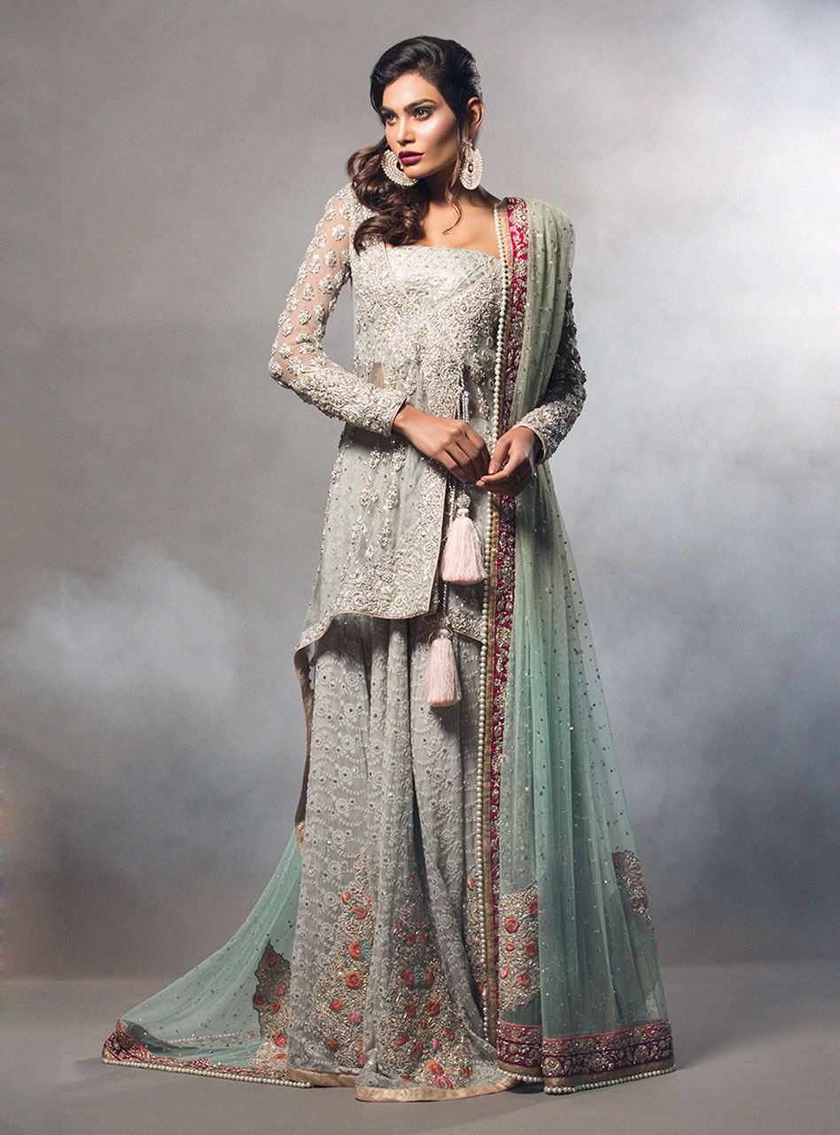 Pakistani Ash Grey Embellished Net Angrakha Dress (3-Piece) - Image 1