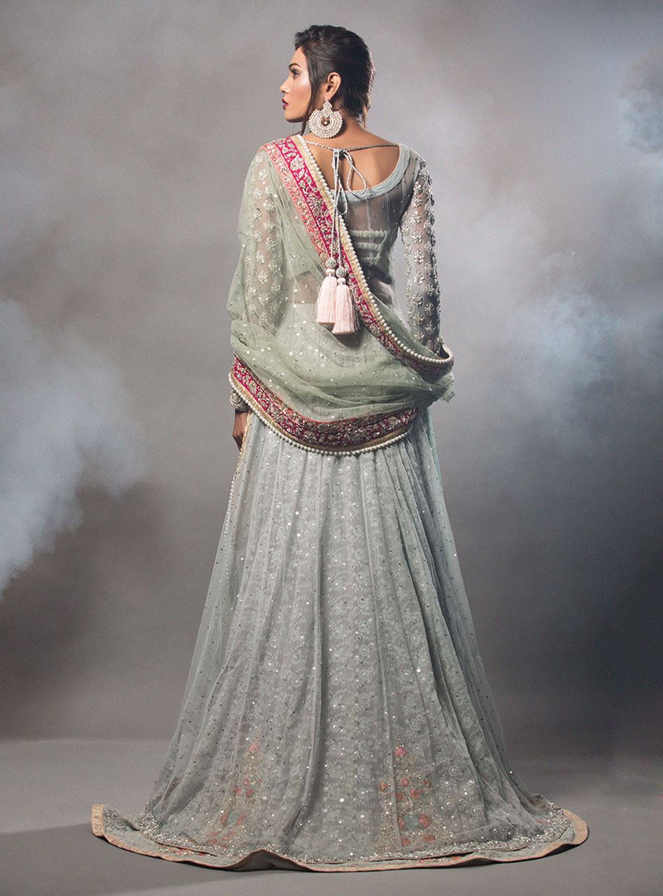 Pakistani Ash Grey Embellished Net Angrakha Dress (3-Piece) - Image 2