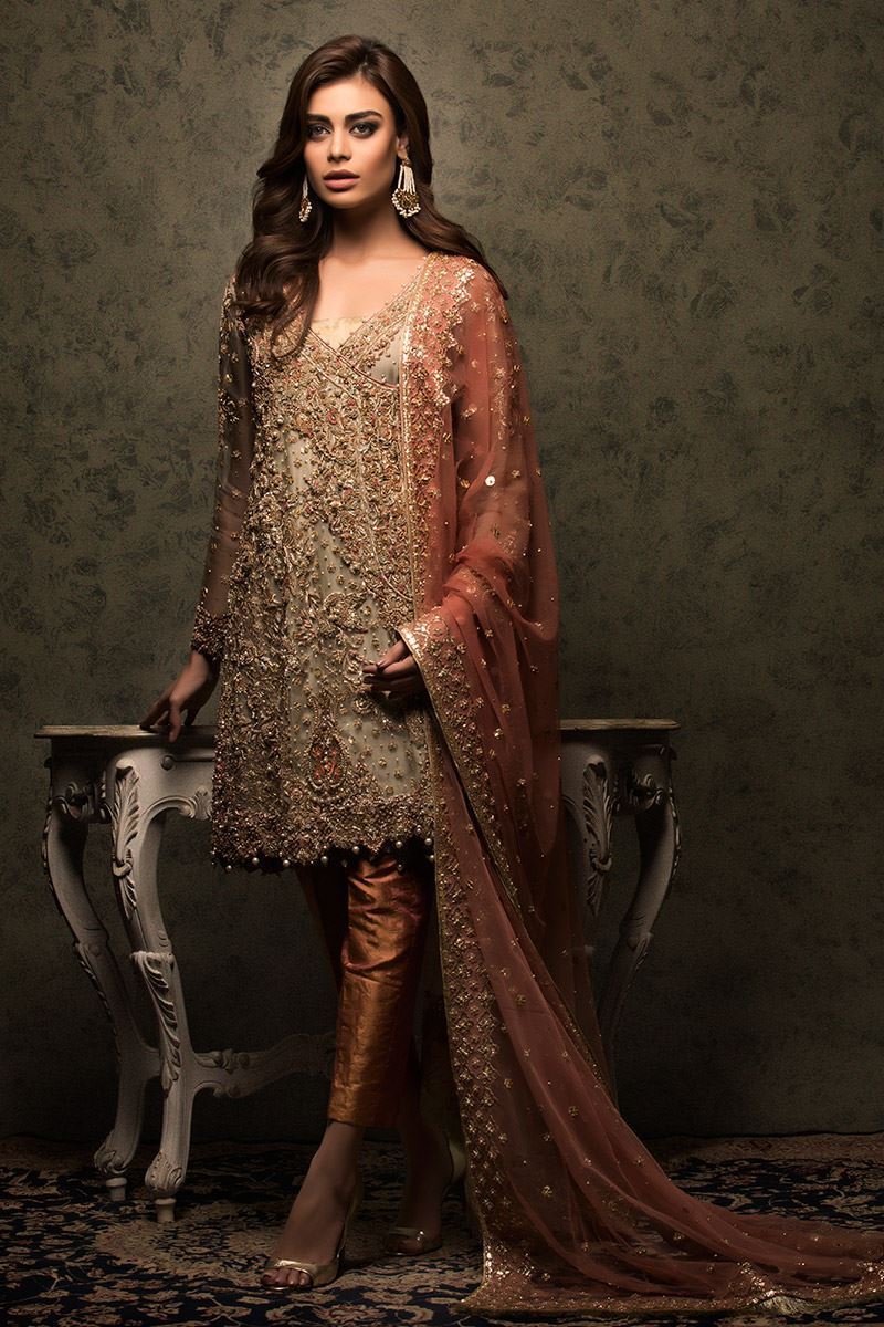 Grey Embroidered Net Angrakha Dress (3-Piece) - Image 1