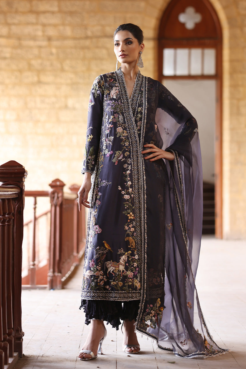 Grey Aari & Zardozi Raw Silk Angrakha (3-Piece) - Image 1