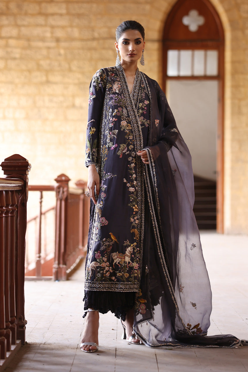 Grey Aari & Zardozi Raw Silk Angrakha (3-Piece) - Image 3