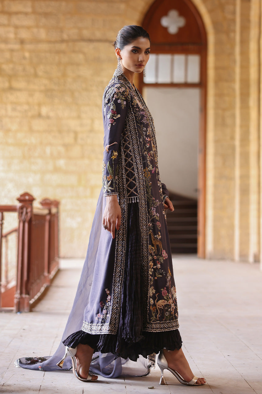 Pakistani Grey Aari & Zardozi Raw Silk Chogha (3-Piece) - Image 4