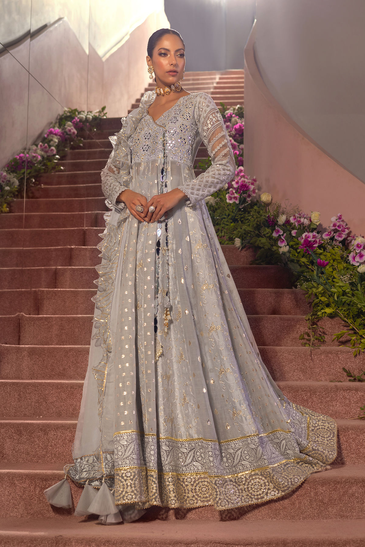 Pakistani Grey Mirror & Zardozi Silk Angharka Pishwas (2-Piece) - Image 1