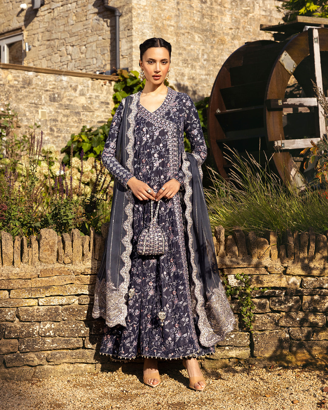 Pakistani Charcoal Grey Embroidered Velvet Angrakha (3-Piece) - Image 1