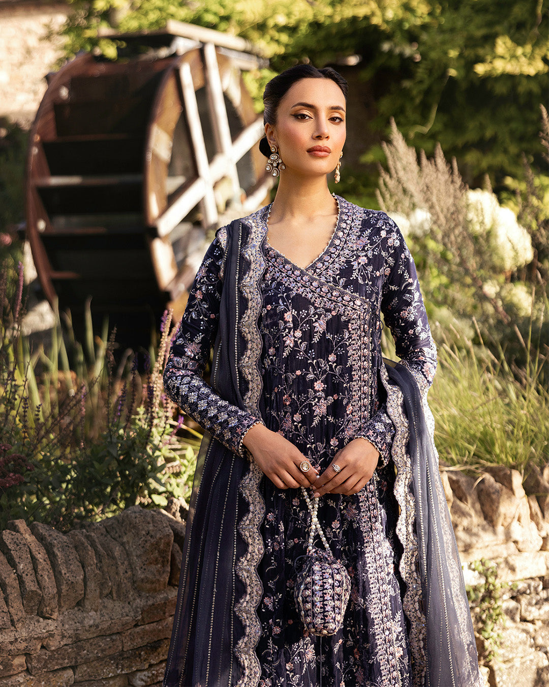 Pakistani Charcoal Grey Embroidered Velvet Angrakha (3-Piece) - Image 2