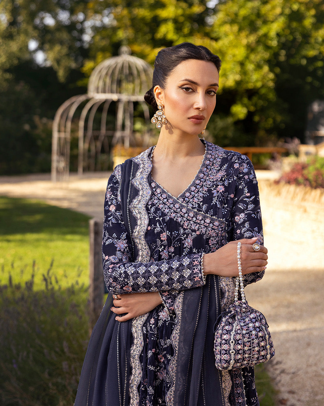 Pakistani Charcoal Grey Embroidered Velvet Angrakha (3-Piece) - Image 5