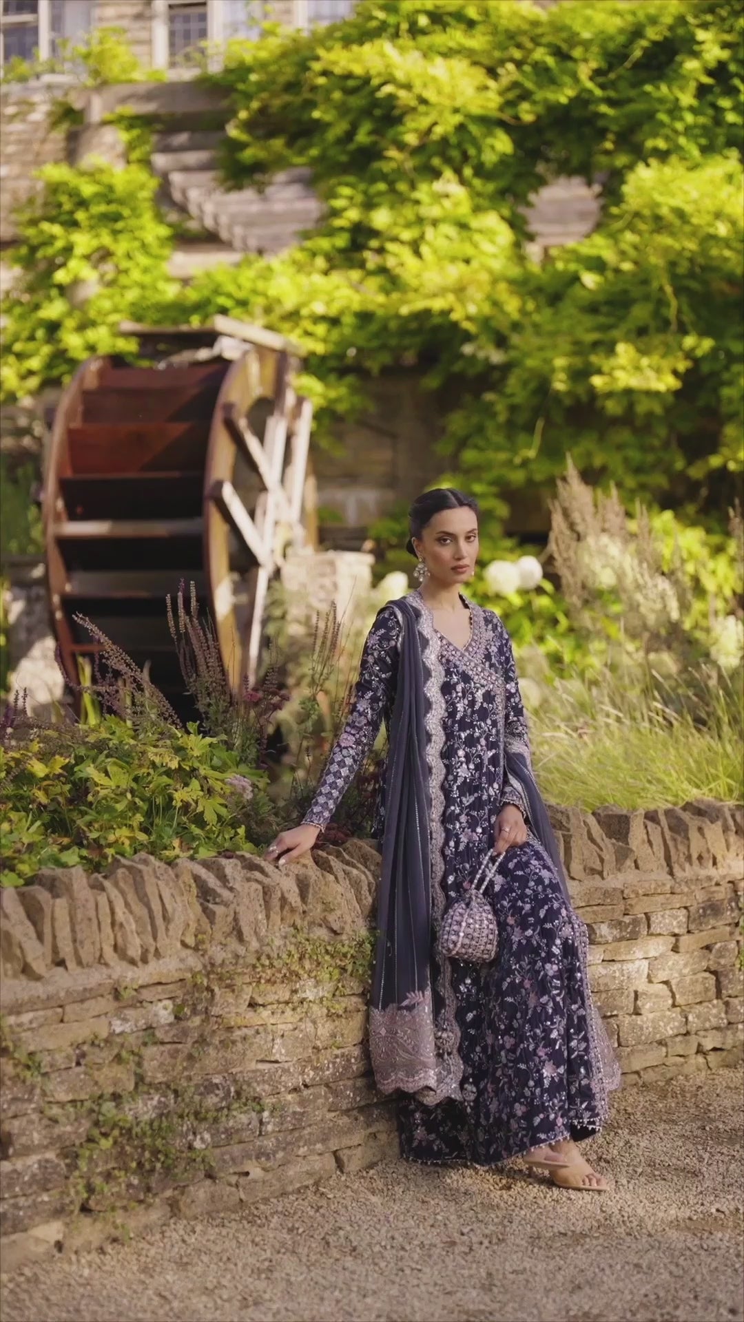 Pakistani Charcoal Grey Embroidered Velvet Angrakha (3-Piece) - Image 7