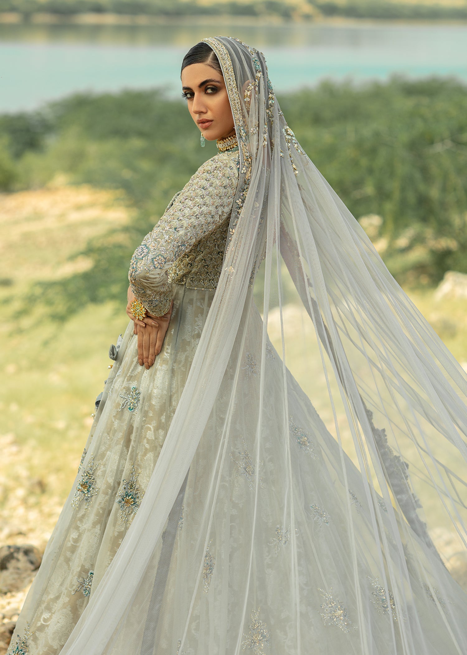 Pakistani Steel Grey & Teal Embroidered Velvet Angrakha (3-Piece) - Image 6