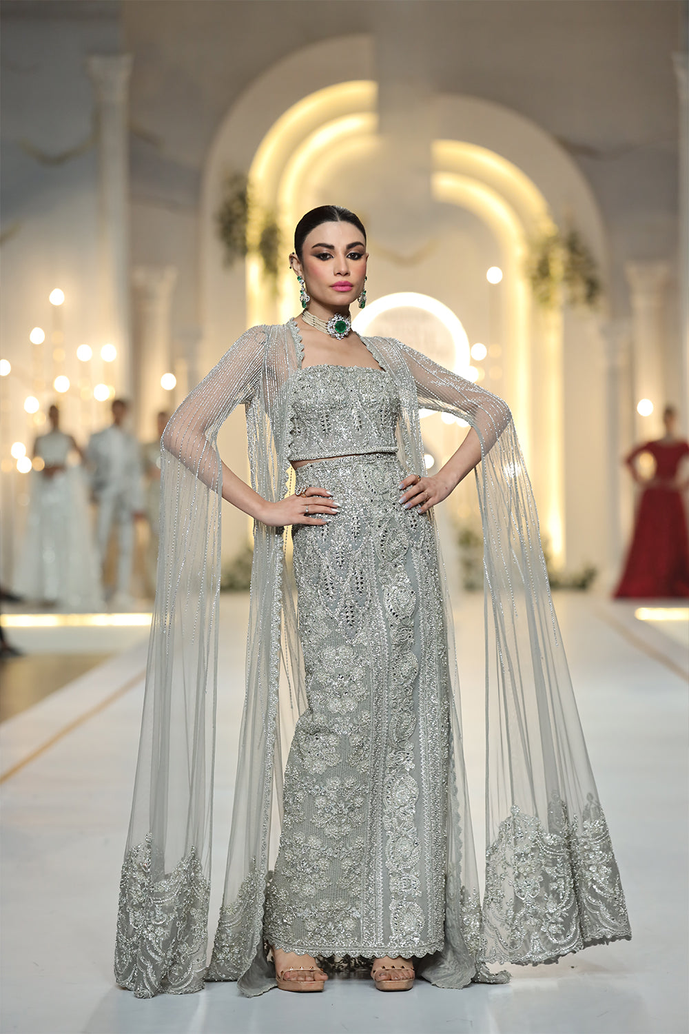 Pakistani Grey Hand-Embellished Net Gown (1-Pc) - Image 1