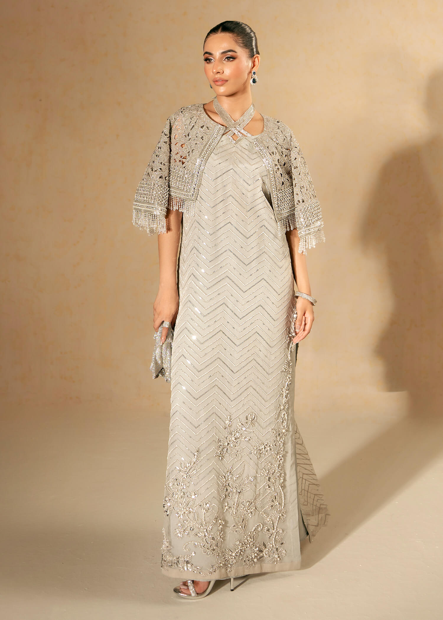 Grey Embroidered Organza Cape Dress (3-Piece) - Image 1