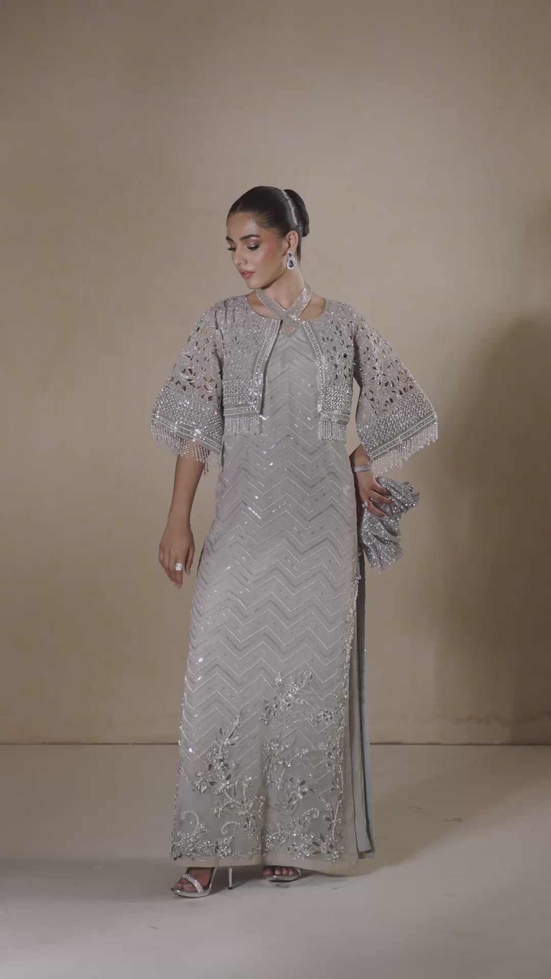Grey Embroidered Organza Cape Dress (3-Piece) - Image 10