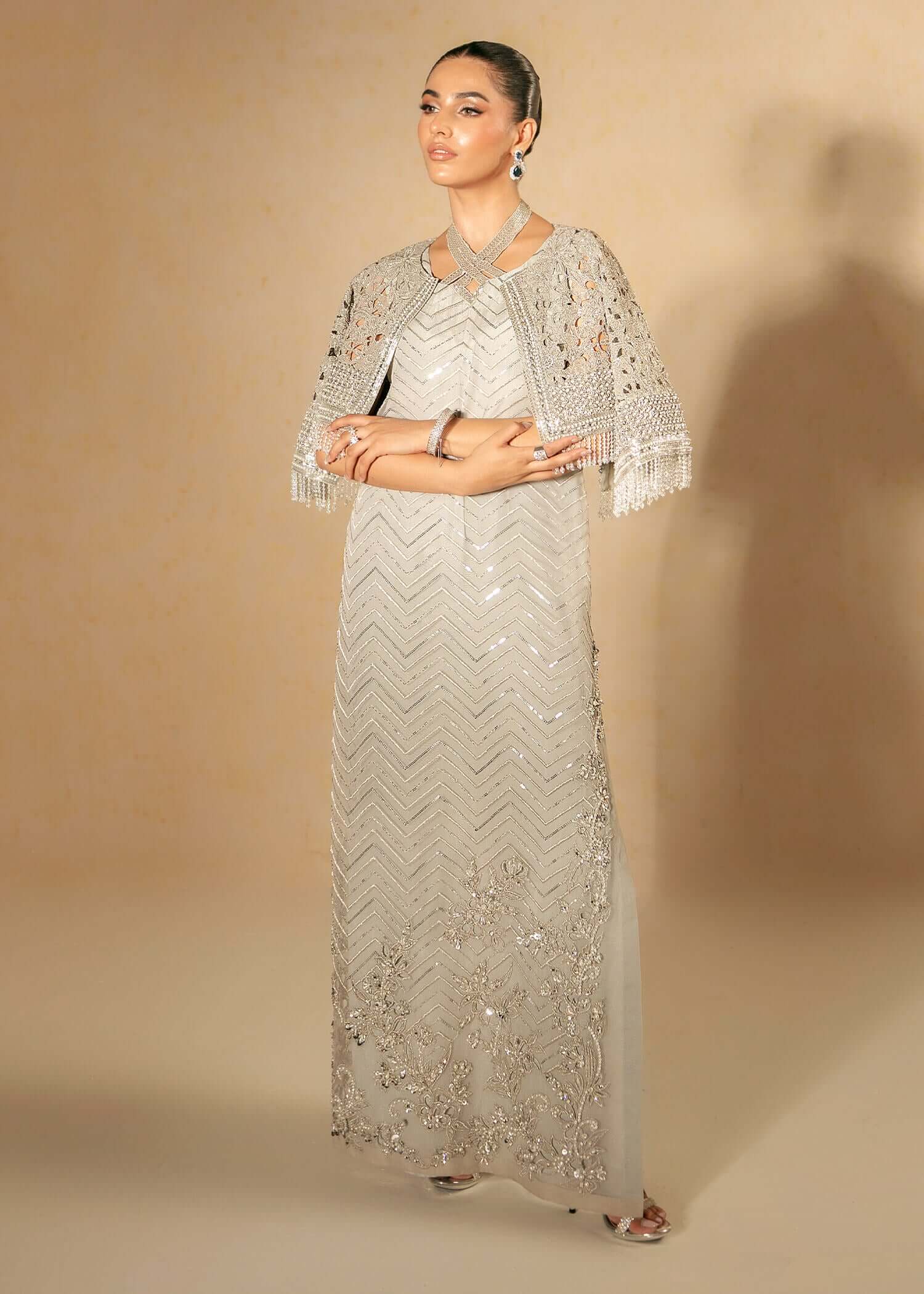 Grey Embroidered Organza Cape Dress (3-Piece) - Image 4