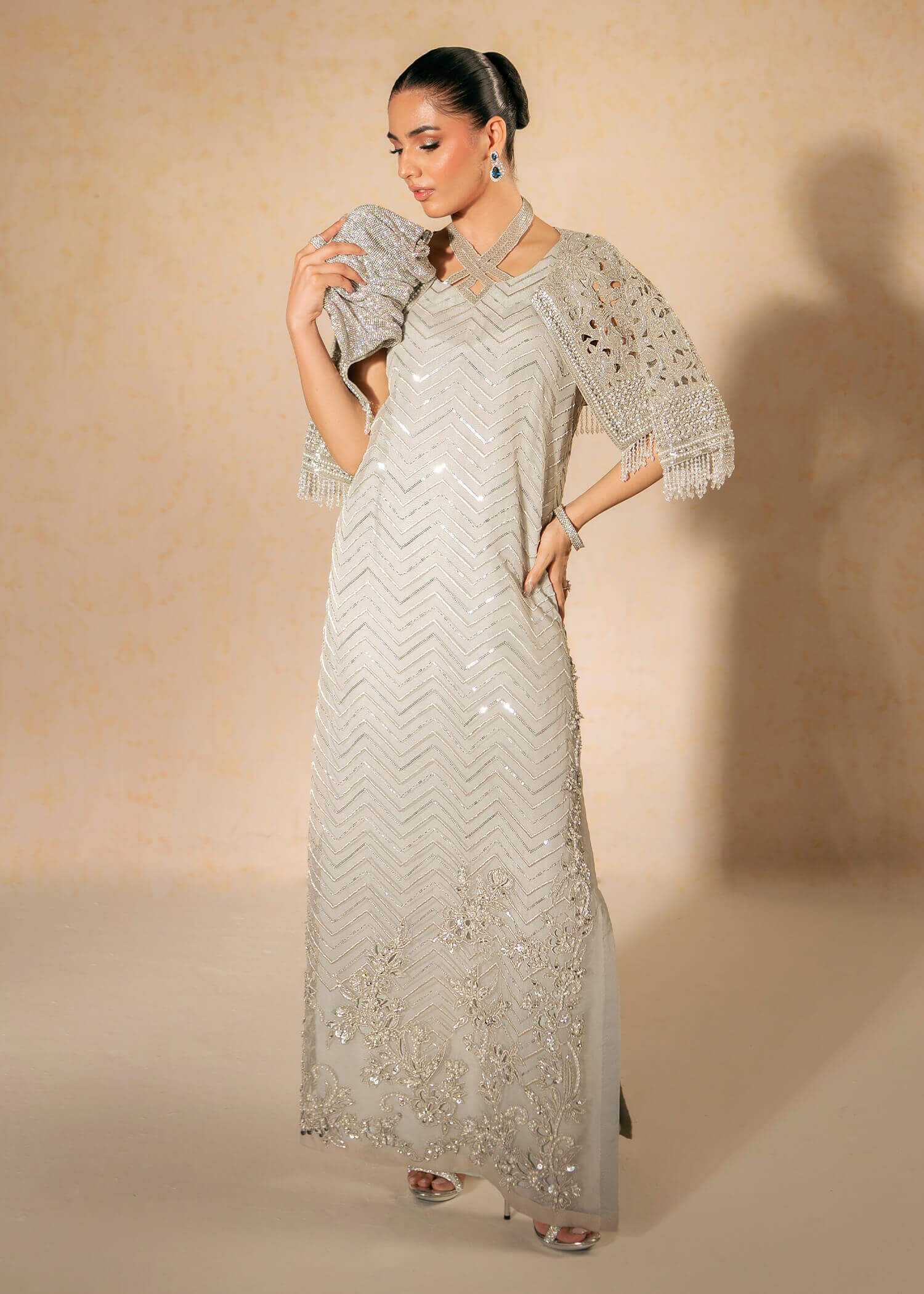 Grey Embroidered Organza Cape Dress (3-Piece) - Image 5
