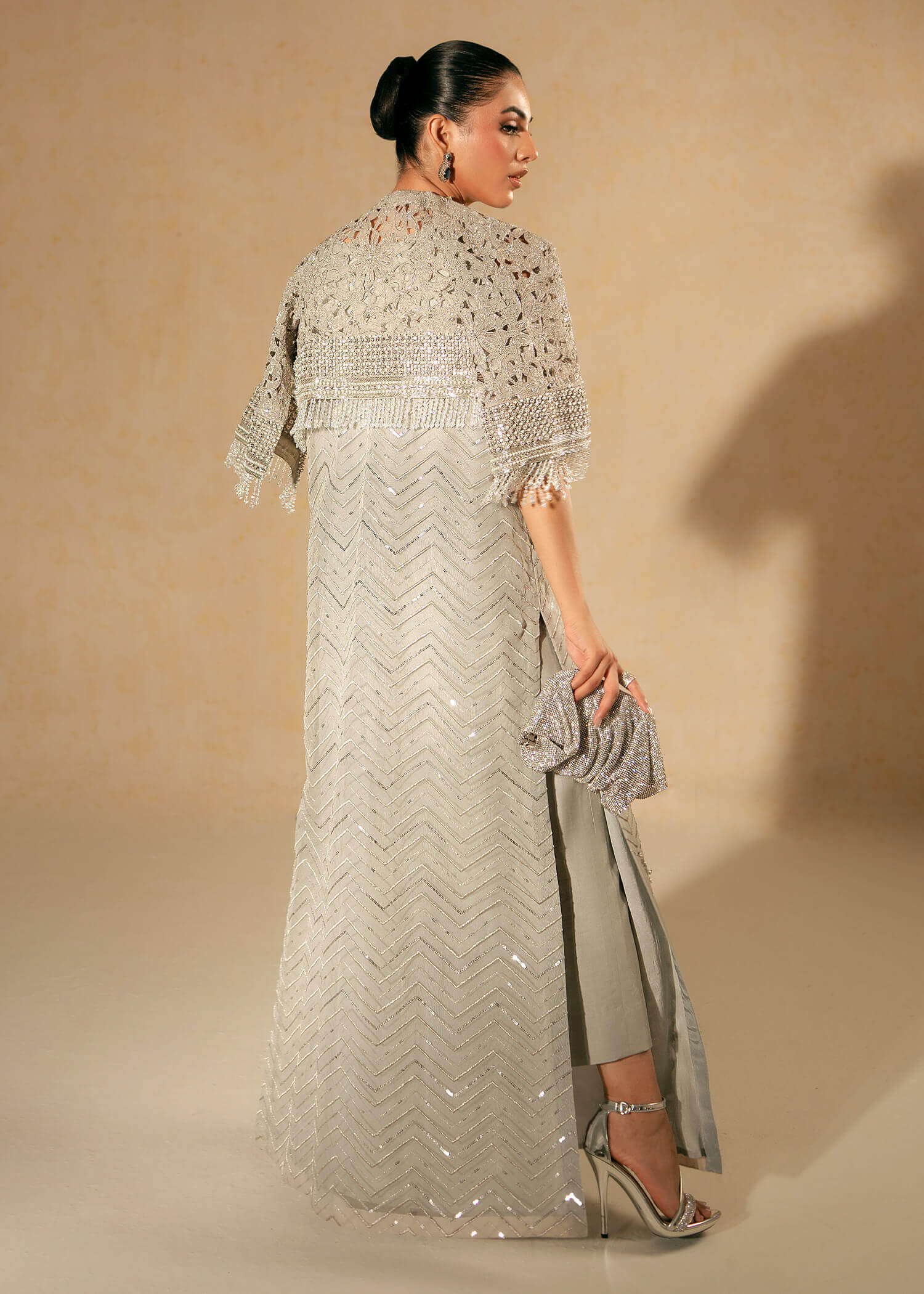 Grey Embroidered Organza Cape Dress (3-Piece) - Image 9