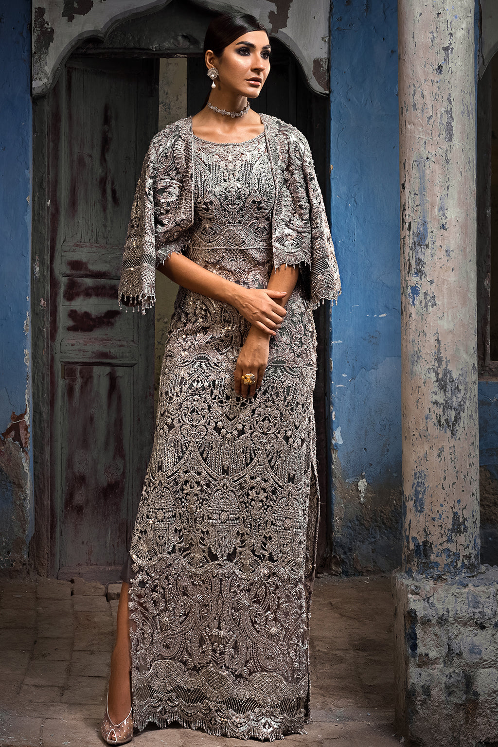 Grey Embellished Net Organza Gown (1-Pc) - Image 1