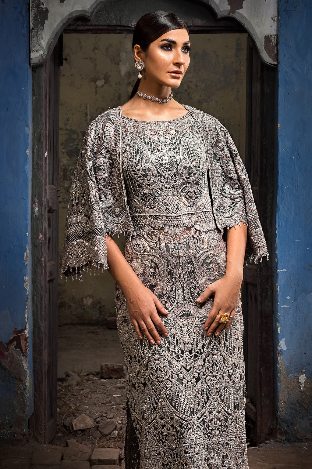 Grey Embellished Net Organza Gown (1-Pc) - Image 3