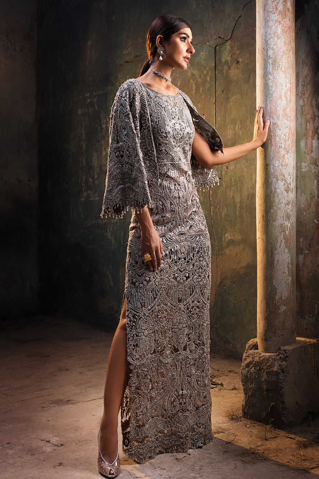 Grey Embellished Net Organza Gown (1-Pc) - Image 6