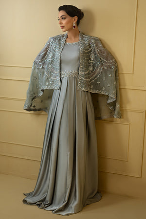 Grey Embellished Organza Cape with Silk Gown (2-Piece) - Image 1