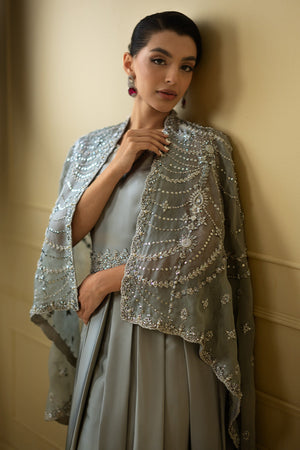 Grey Embellished Organza Cape with Silk Gown (2-Piece) - Image 4