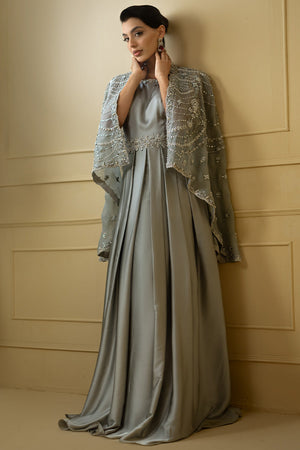 Grey Embellished Organza Cape with Silk Gown (2-Piece) - Image 5