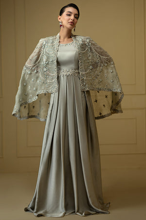 Grey Hand-Embellished Organza Cape with Silk Gown (2-Piece) - Image 2