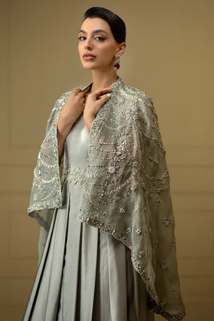 Grey Hand-Embellished Organza Cape with Silk Gown (2-Piece) - Image 3