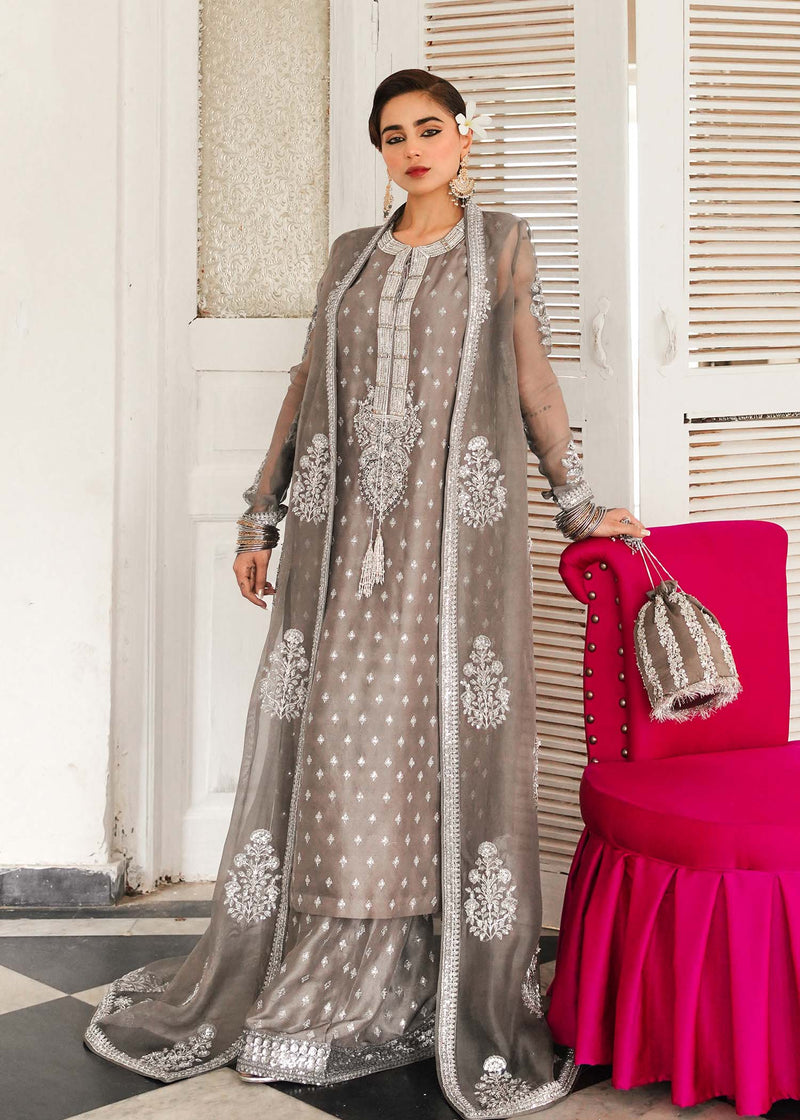 Grey Embellished Raw Silk & Organza Palazzo Set (3-Piece) - Image 1