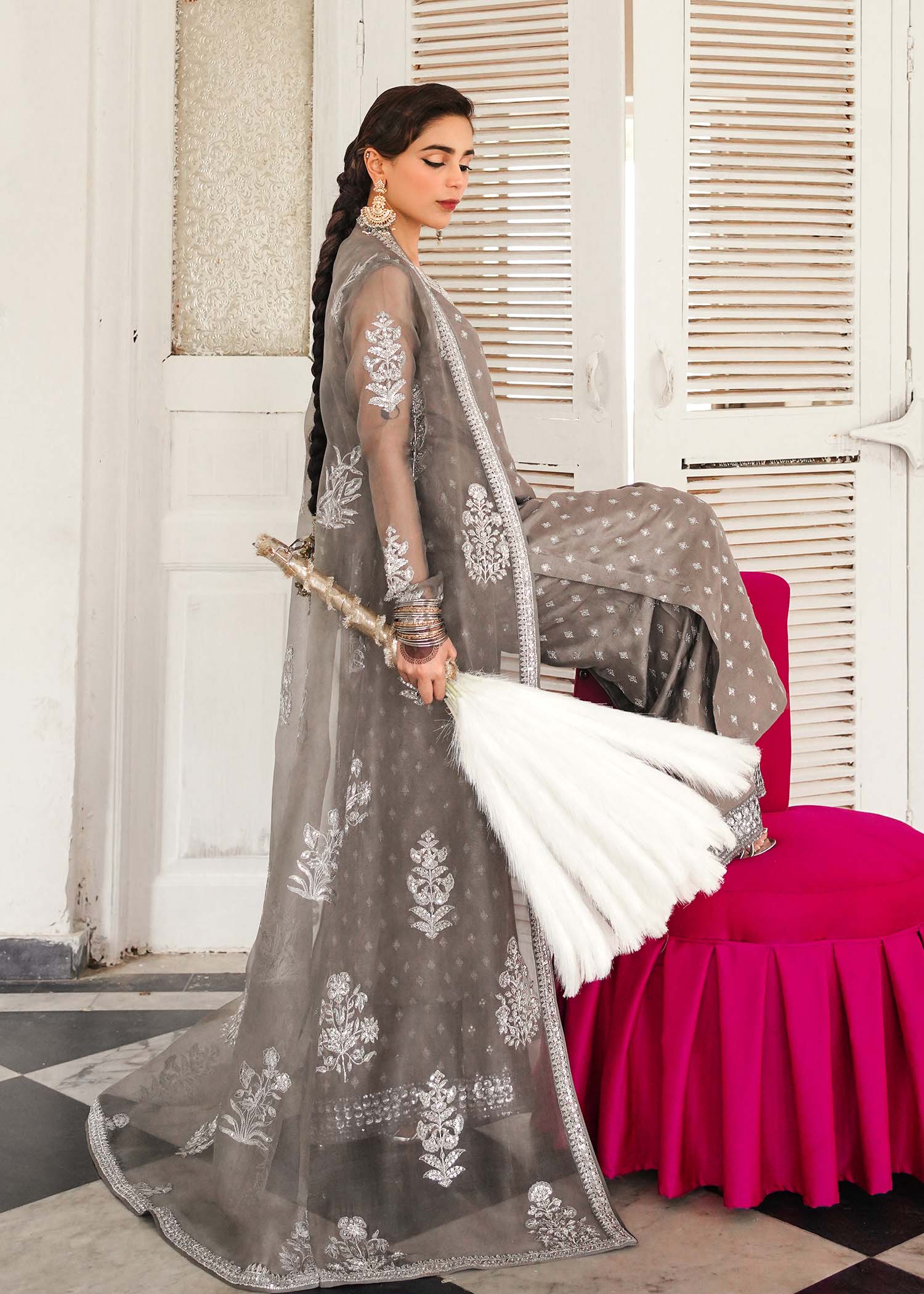 Grey Embellished Raw Silk & Organza Palazzo Set (3-Piece) - Image 10