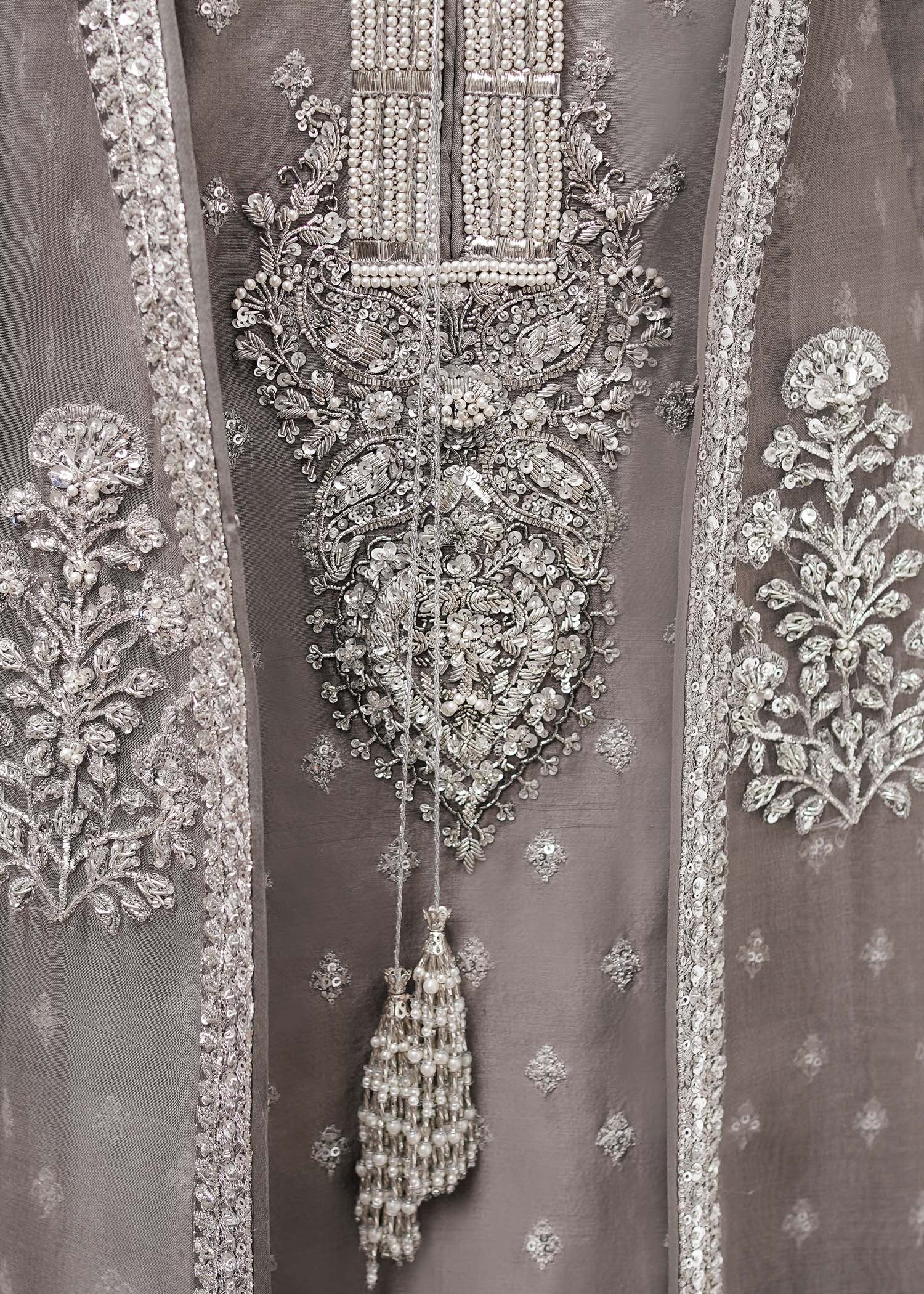 Grey Embellished Raw Silk & Organza Palazzo Set (3-Piece) - Image 3