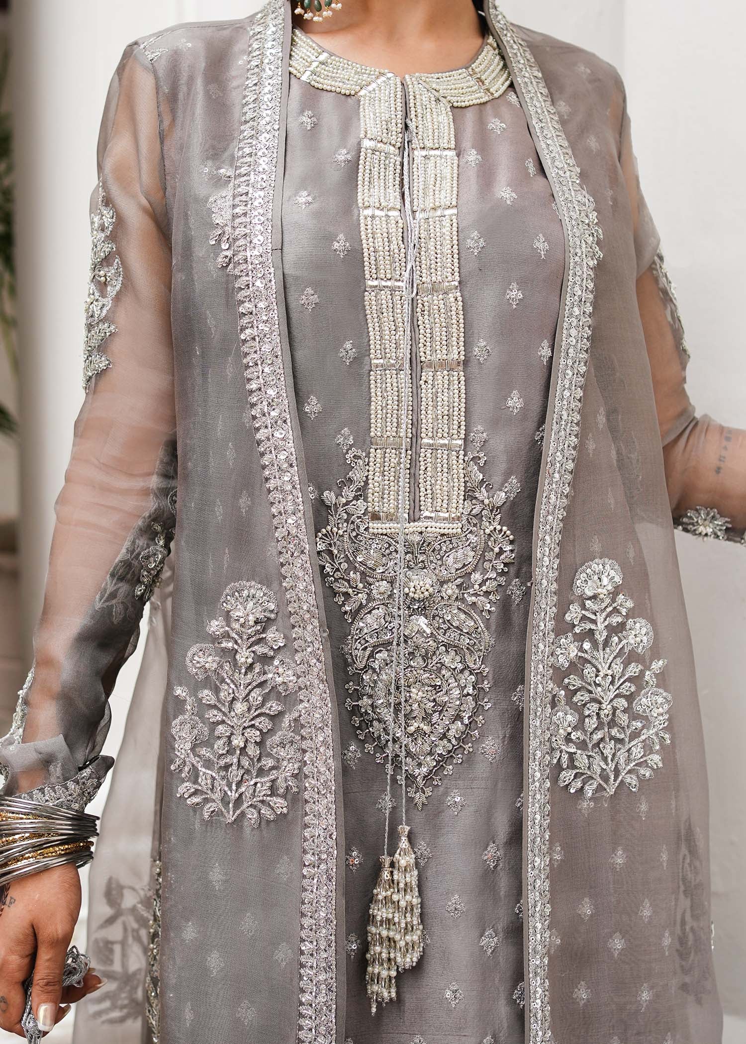 Grey Embellished Raw Silk & Organza Palazzo Set (3-Piece) - Image 4