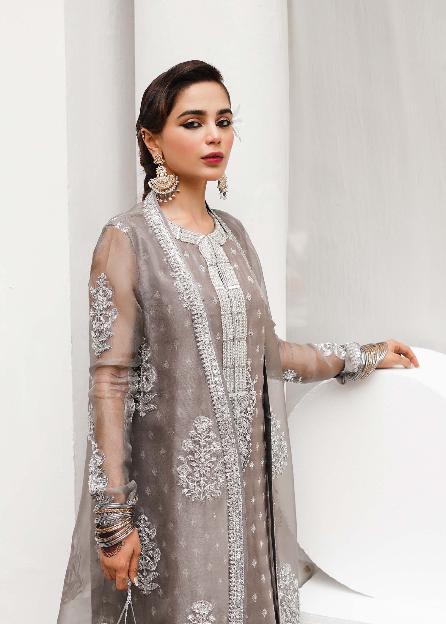 Grey Embellished Raw Silk & Organza Palazzo Set (3-Piece) - Image 5