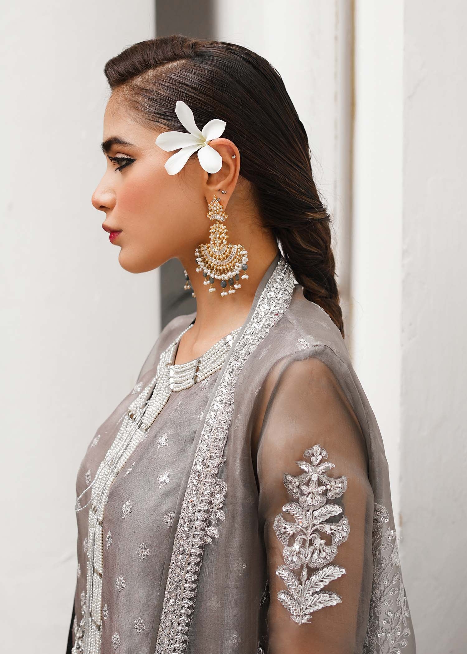 Grey Embellished Raw Silk & Organza Palazzo Set (3-Piece) - Image 6