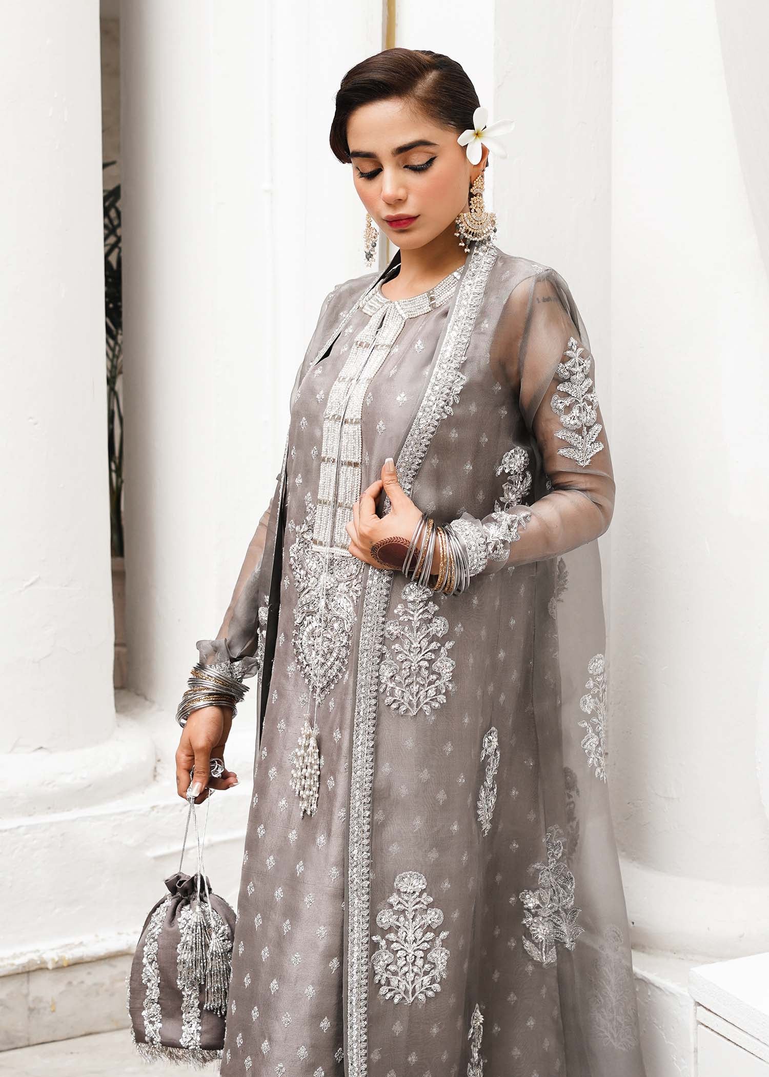 Grey Embellished Raw Silk & Organza Palazzo Set (3-Piece) - Image 7