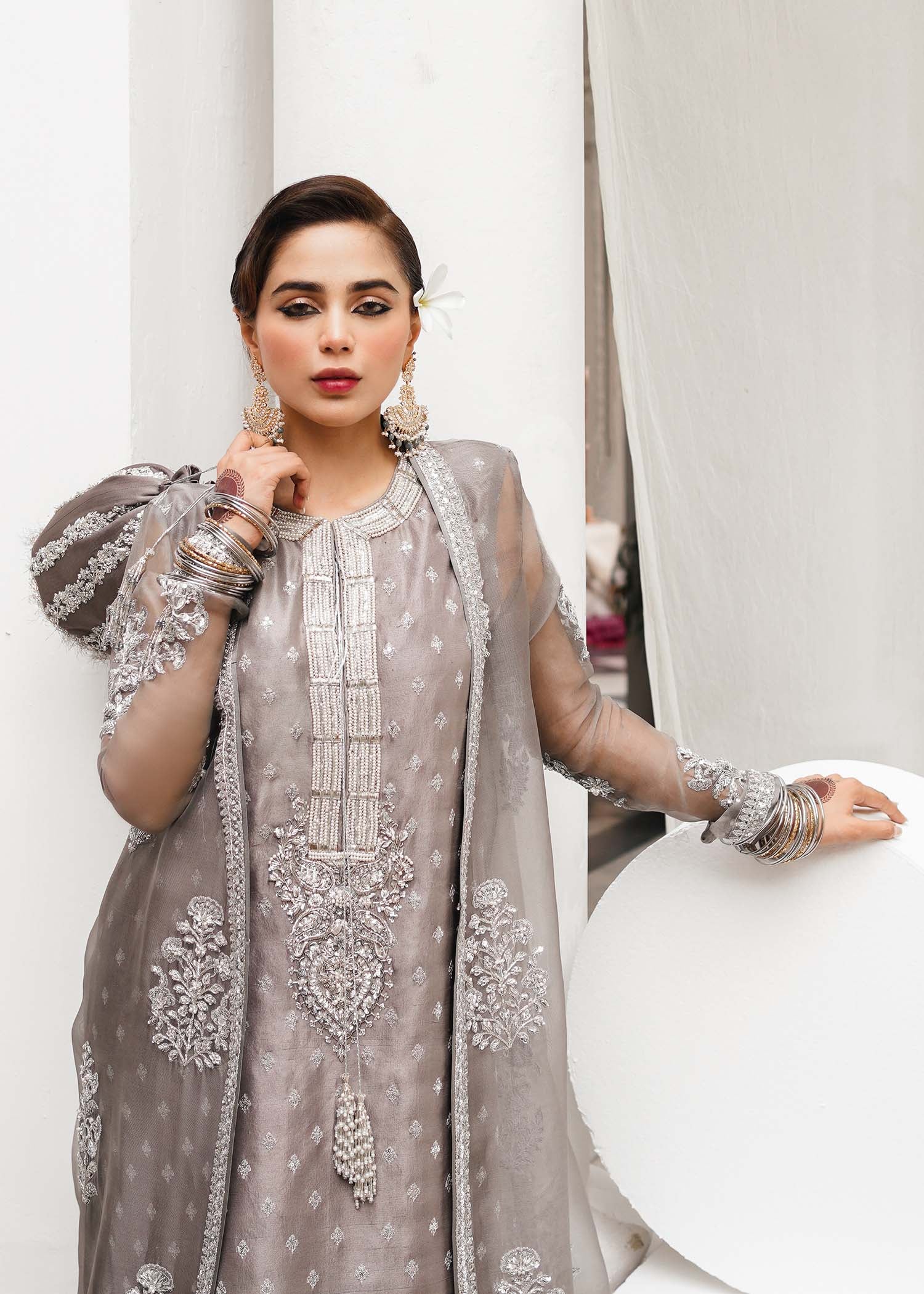 Grey Embellished Raw Silk & Organza Palazzo Set (3-Piece) - Image 8