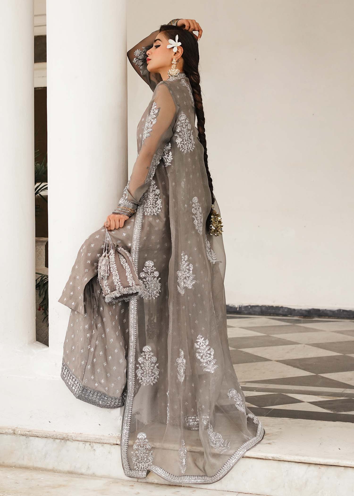 Grey Embellished Raw Silk & Organza Palazzo Set (3-Piece) - Image 9