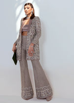 Pakistani Grey Embellished Organza Jacket and Pants (3-Piece) - Image 2