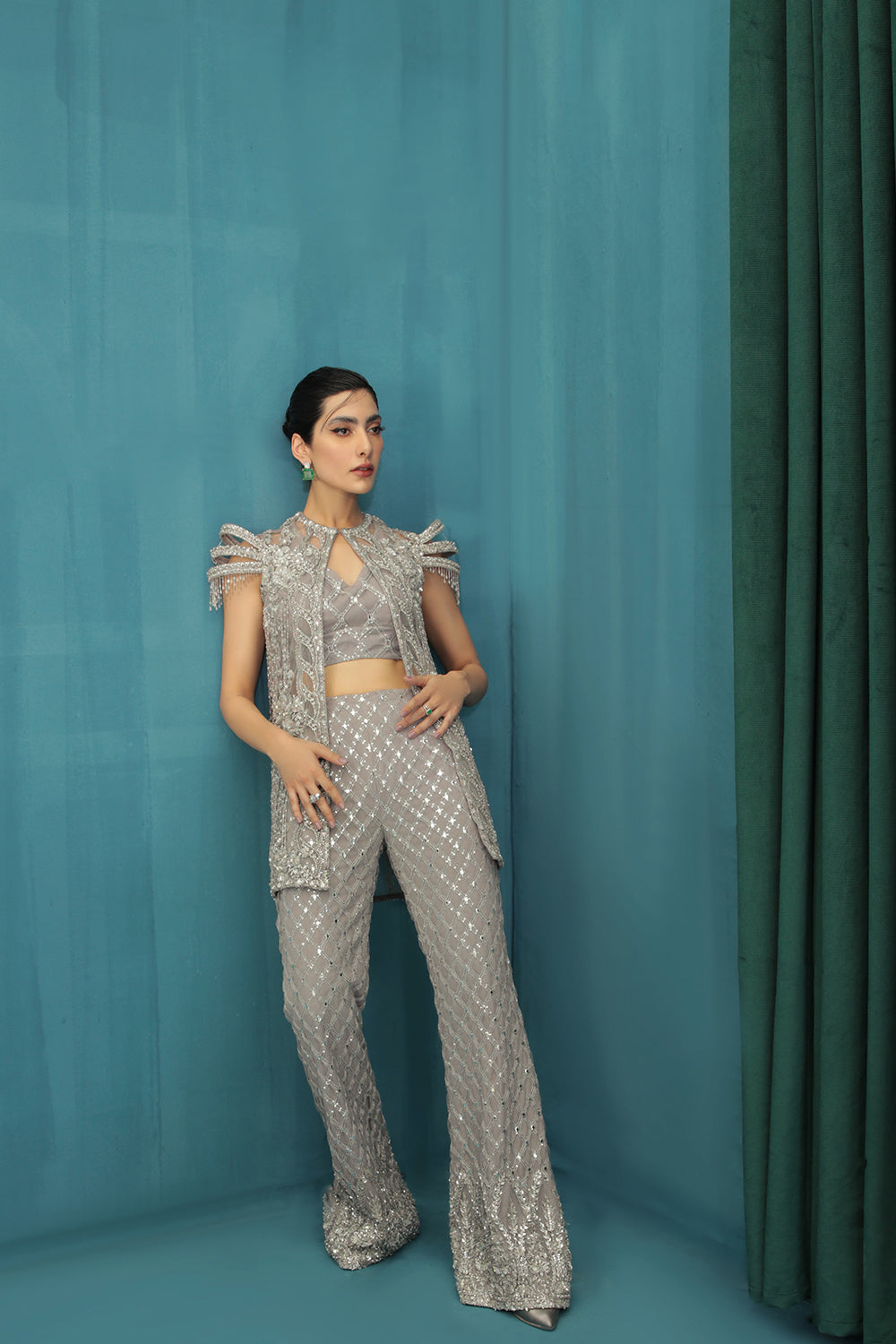 Grey Embellished Net Co-ord Set (2-Piece) - Image 5