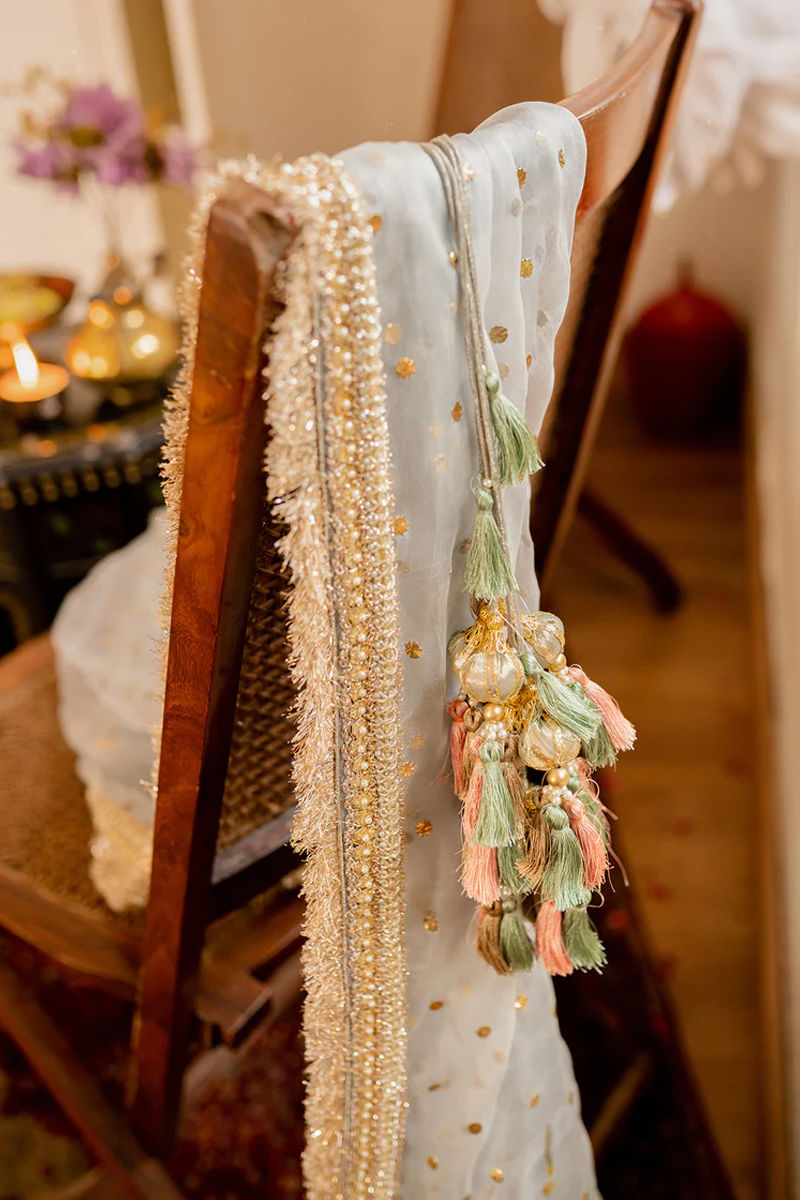 Grey Mukesh Organza Dupatta with Hand-Embellished Borders (1-Pc) - Image 1