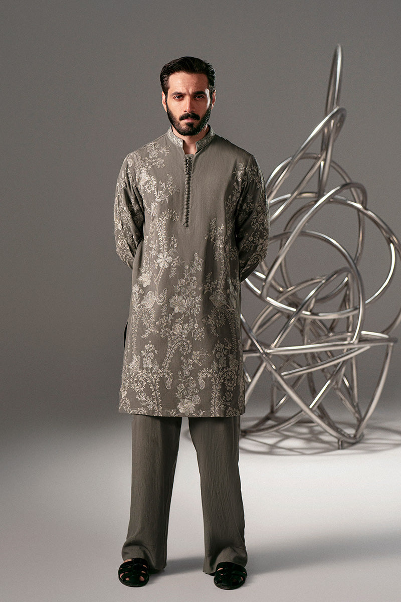 Smoke Grey Embroidered Tropical Crushed Kurta Pajama (2-Piece) - Image 1