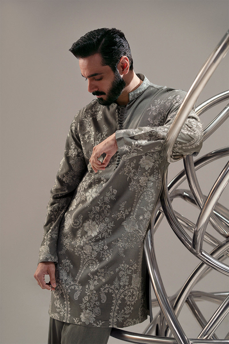 Smoke Grey Embroidered Tropical Crushed Kurta Pajama (2-Piece) - Image 5